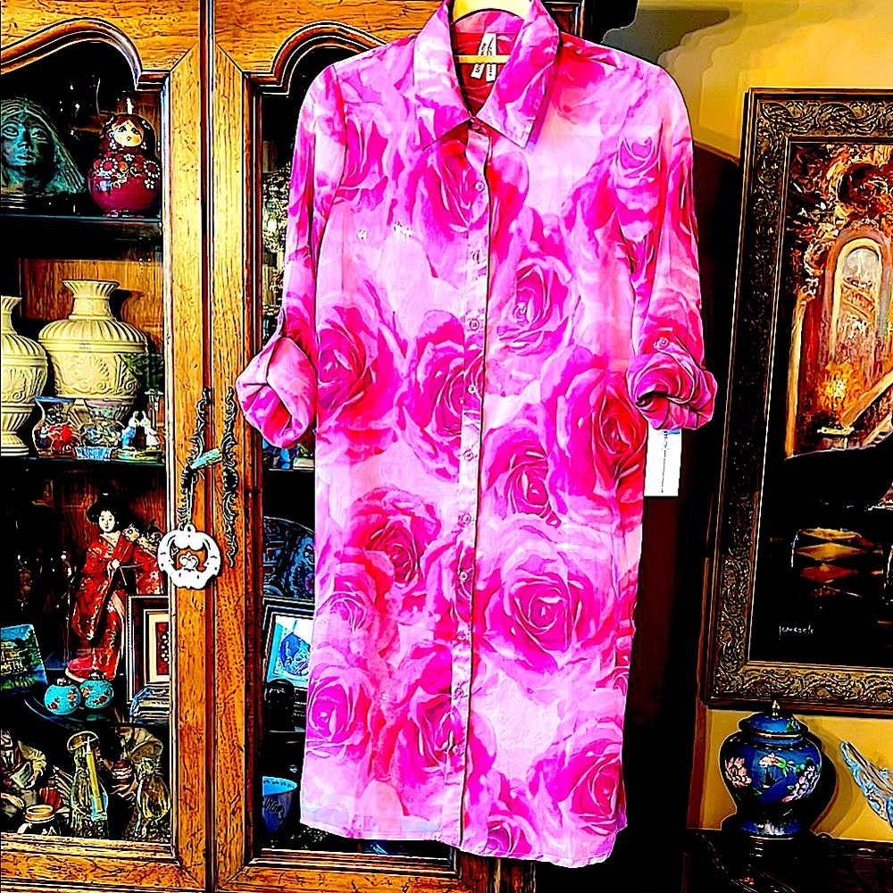 🔥NWTGorgeousPinkRosesSheer Dressing.How daring areYou?Sherrie,Layer,SwimcoverS:S